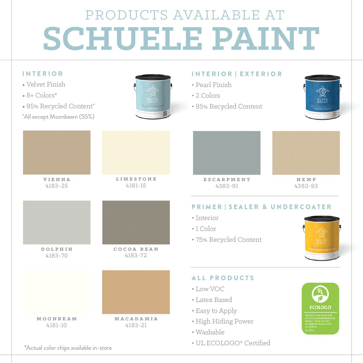 OliveRidleyRCP's tweet photo. Grab Olive Ridley™ Paint for your next project at Schuele Paint. #sustainability #oliveridleypaint #recycle #interiordesign #leed https://t.co/B4GUpi7btv