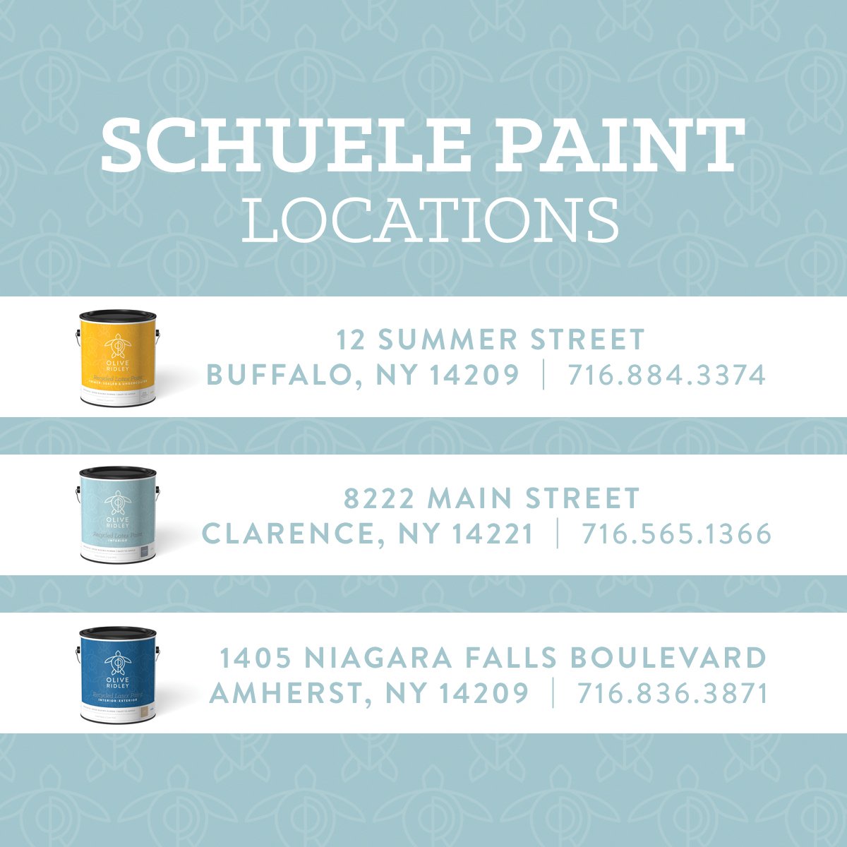 OliveRidleyRCP's tweet photo. Grab Olive Ridley™ Paint for your next project at Schuele Paint. #sustainability #oliveridleypaint #recycle #interiordesign #leed https://t.co/B4GUpi7btv