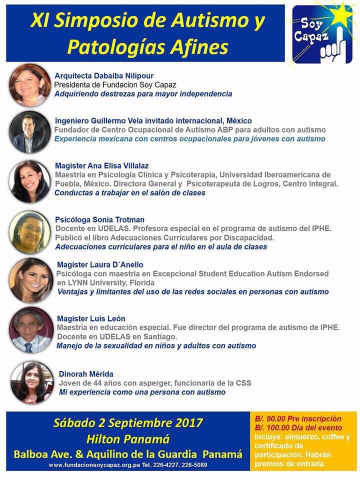 Autismpanama's tweet photo. El sabado 2 de sept se llevara a cabo el XI Simposio de #Autismo. llaman al 226-4227 o 226-5089. Preinscripcion $90.00. Solo faltan 39 dias. https://t.co/gQPapufe3n