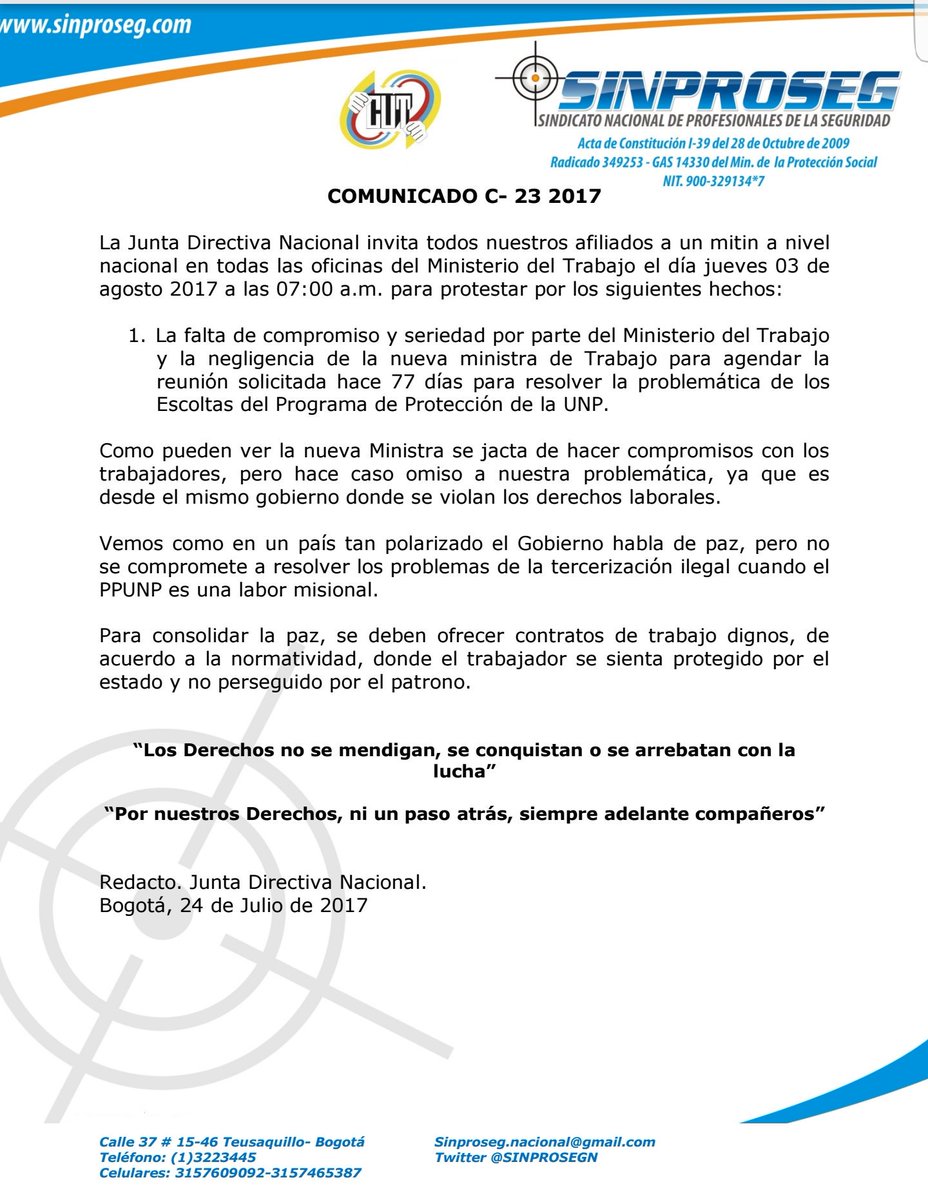 Invitados los escoltas PP <a href="/UNPColombia/">Unidad Nacional de Protección, UNP.</a> que se sientan afectados: <a href="/MintrabajoCol/">MinTrabajo</a> <a href="/GriseldaResGal/">GriseldaResGal</a> <a href="/DefensoriaCol/">Defensoría del Pueblo</a>