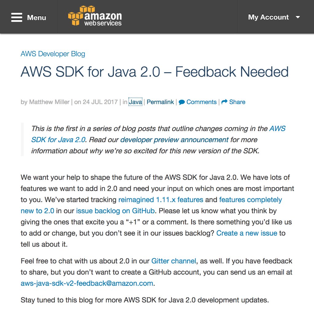 Call for early feedback on the AWS SDK for Java 2.0 Developer Preview! amzn.to/2tV5K1b