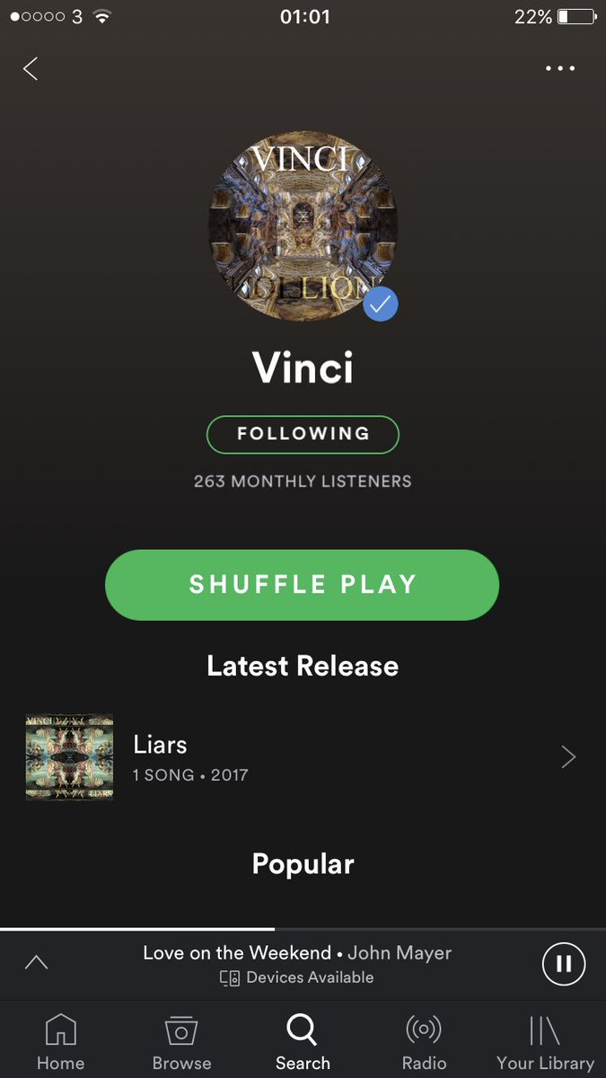 vinciband's tweet photo. Hey @Spotify, sound for the fancy blue tick. We're kinda cool now!!! Not as cool as @JohnMayer unfortunately ✌🏼 #VerifiedRides https://t.co/pR0Mx0b9Z6