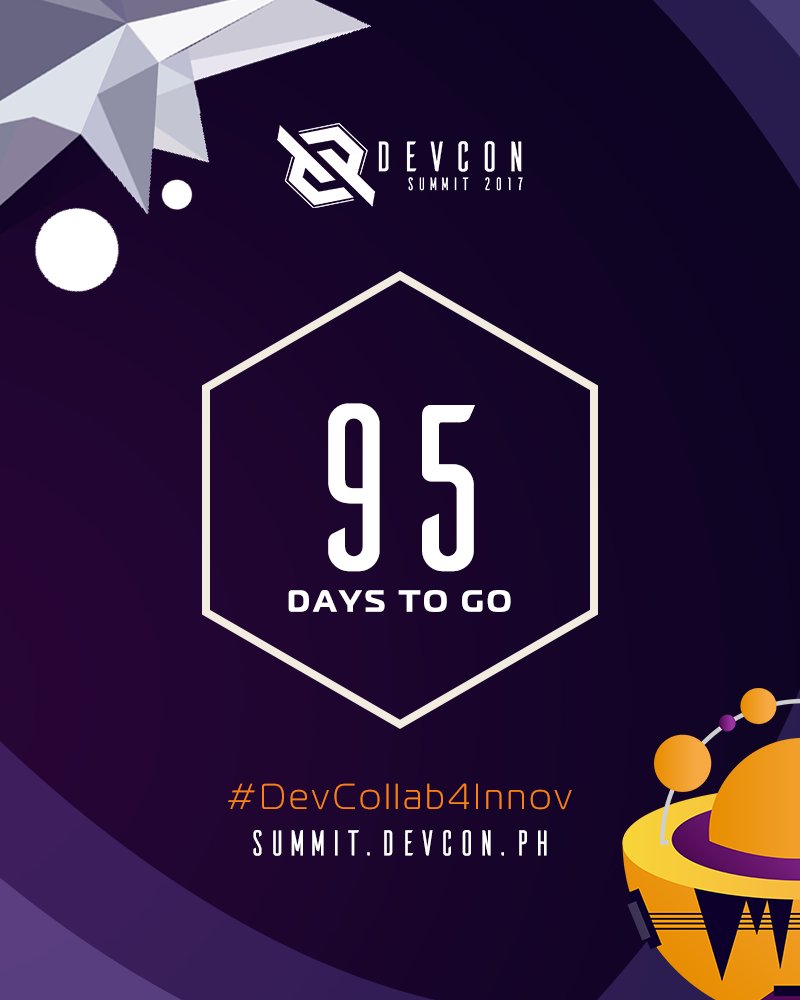 DEVCONPH's tweet photo. Only 95 days left until the Biggest Developer Conference in the Philippines!
#DevCollab4Innov #DevConSummit2017 #DevConPh https://t.co/tEOTpQ1wmm