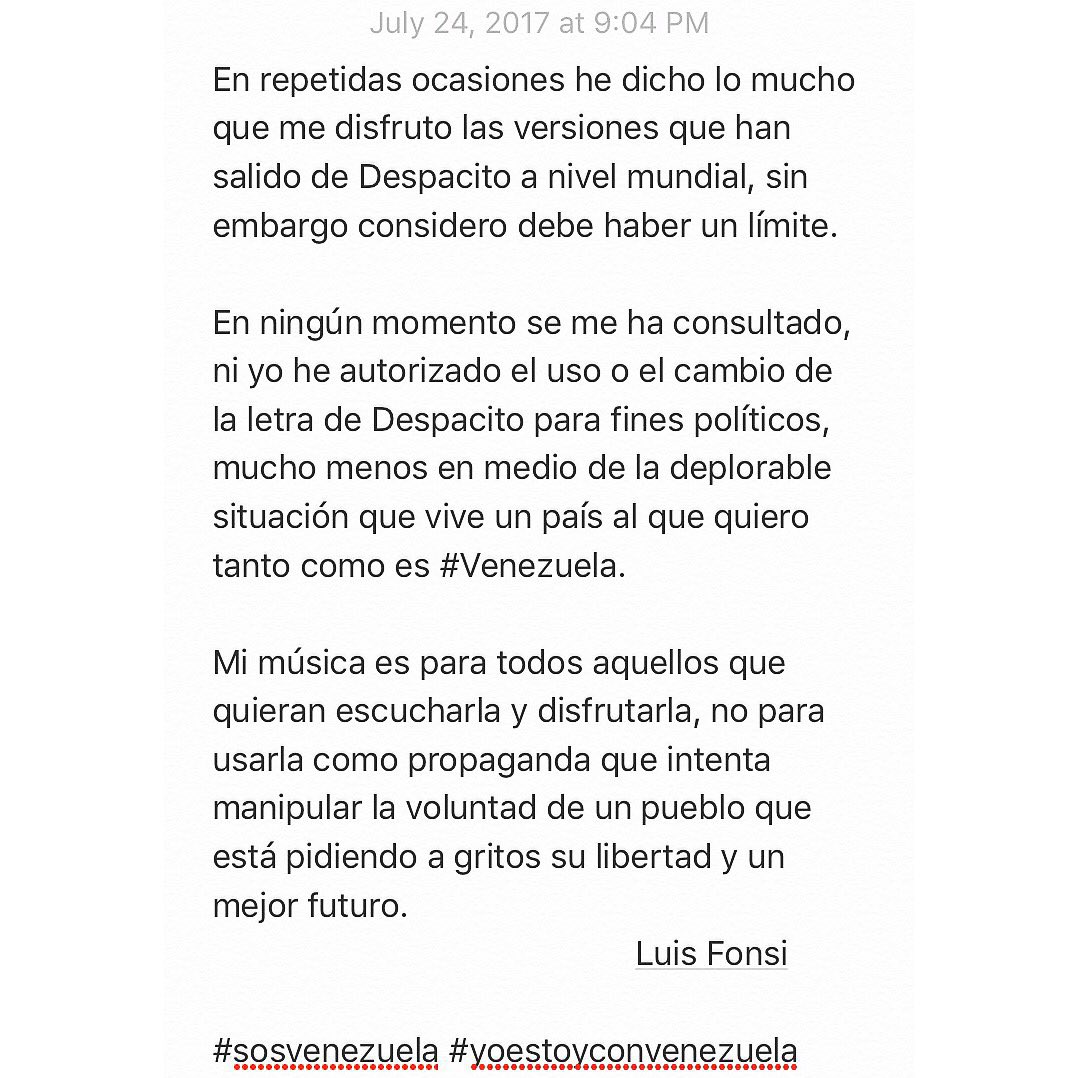 Fruncir el ceño convergencia piel LaHistoria on Twitter: "Luis Fonsi rechaza el uso de su canción "Despacito" a favor de la Constituyente que promueve Maduro en #Venezuela. https://t.co/dOO7K8IBjg" / Twitter Fruncir el ceño convergencia piel LaHistoria on Twitter: "Luis Fonsi rechaza el uso de su canción "Despacito" a favor de la Constituyente que promueve Maduro en #Venezuela. https://t.co/dOO7K8IBjg" / Twitter