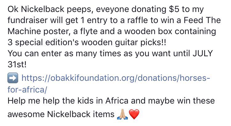 Nickelbacker01's tweet photo. Last week to enter the raffle #Nickelback fans!
#FeedTheMachine #ObakkiFoundation #HelpSaveLives https://t.co/qo7aOpUMZy