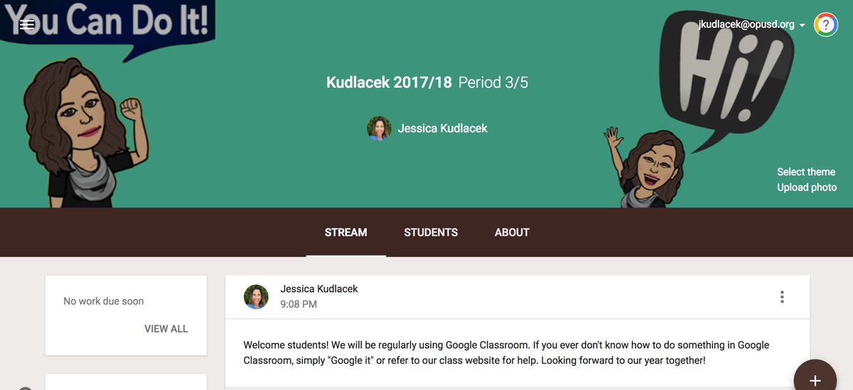 JesTechsOut's tweet photo. Nerding out with custom #GoogleClassroom header w/ #bitmoji. Thanks @alicekeeler https://t.co/LlpOYQVBMl #opshares https://t.co/lJn6tAV51K