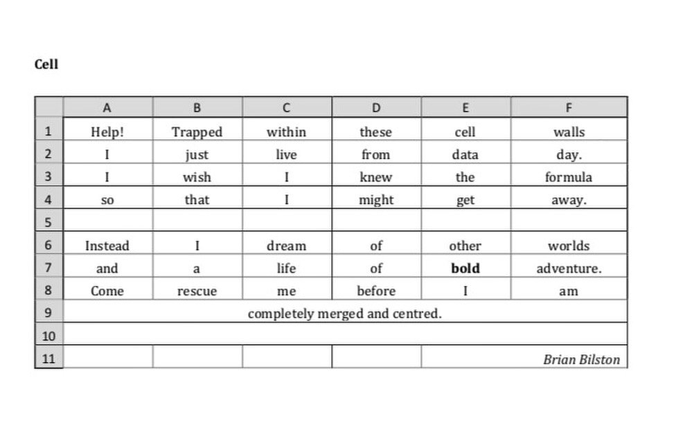 nautilia's tweet image. Poemas de la vida moderna, o la unión de literatura y Excel. Por @brian_bilston vía @dwaxd  #dataliterature