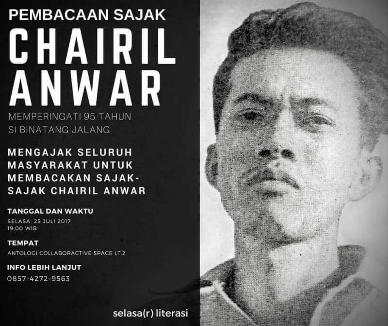 Jogja24Jam's tweet photo. Pembacaan sajak Chairil Anwar, merayakan 95th Si Binatang Jalang | MALAM INI pukul 19.00 di Antologi | 085742729563 https://t.co/h3ZMo0OtF4