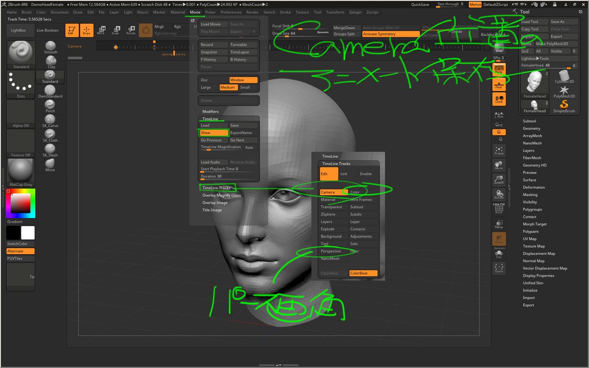 Kazuhisa Shoushin 合併症治療中 はじめて知った Zbrushでの アングルハント位置の保存 カメラ位置の 保存 Movie Timeline Show タイムラインをクリックしてアングル保存 ただしパースfovは保存されないので Timetrackでパースもアニメート