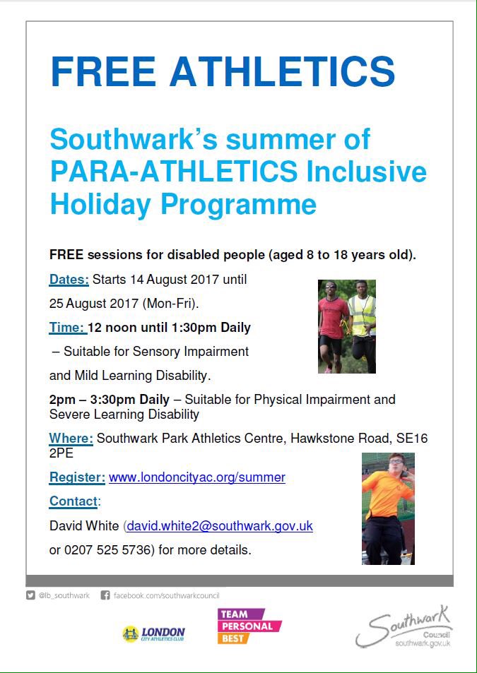 ActiveSouthwark's tweet photo. Places still available for the FREE Summer of Para-Athletics Holiday Programme with @LondonCityAC register: https://t.co/s7N8VHWiGm https://t.co/WjNgJYRkzN