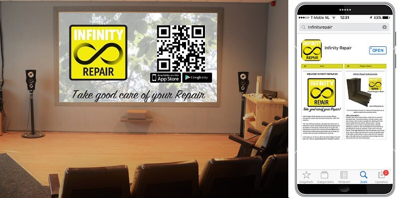 De Infinity Repair applicatie is nu te vinden <a href="/AppStore/">App Store</a> &amp; <a href="/GooglePlay/">Google Play</a> en eenvoudig te downloaden via de QR-code. #takegoodcareofyourRepair!