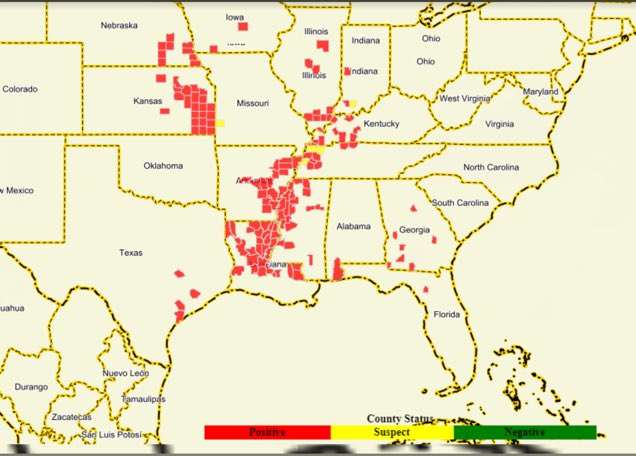 TripleMSeed's tweet photo. Latest map of southern rust in corn. @ChadwithBecks https://t.co/o50AOYLgmz
