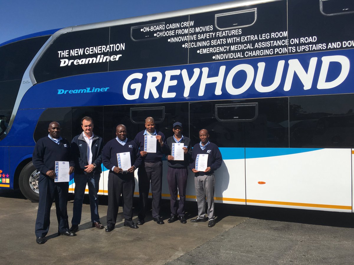 GreyhoundZA's tweet photo. Graduate drivers of the New Generation Dreamliners, lane guard assist & emergency break assist. #TrainedDrivers #ProudlyGreyhound https://t.co/SsOMMjtrKE