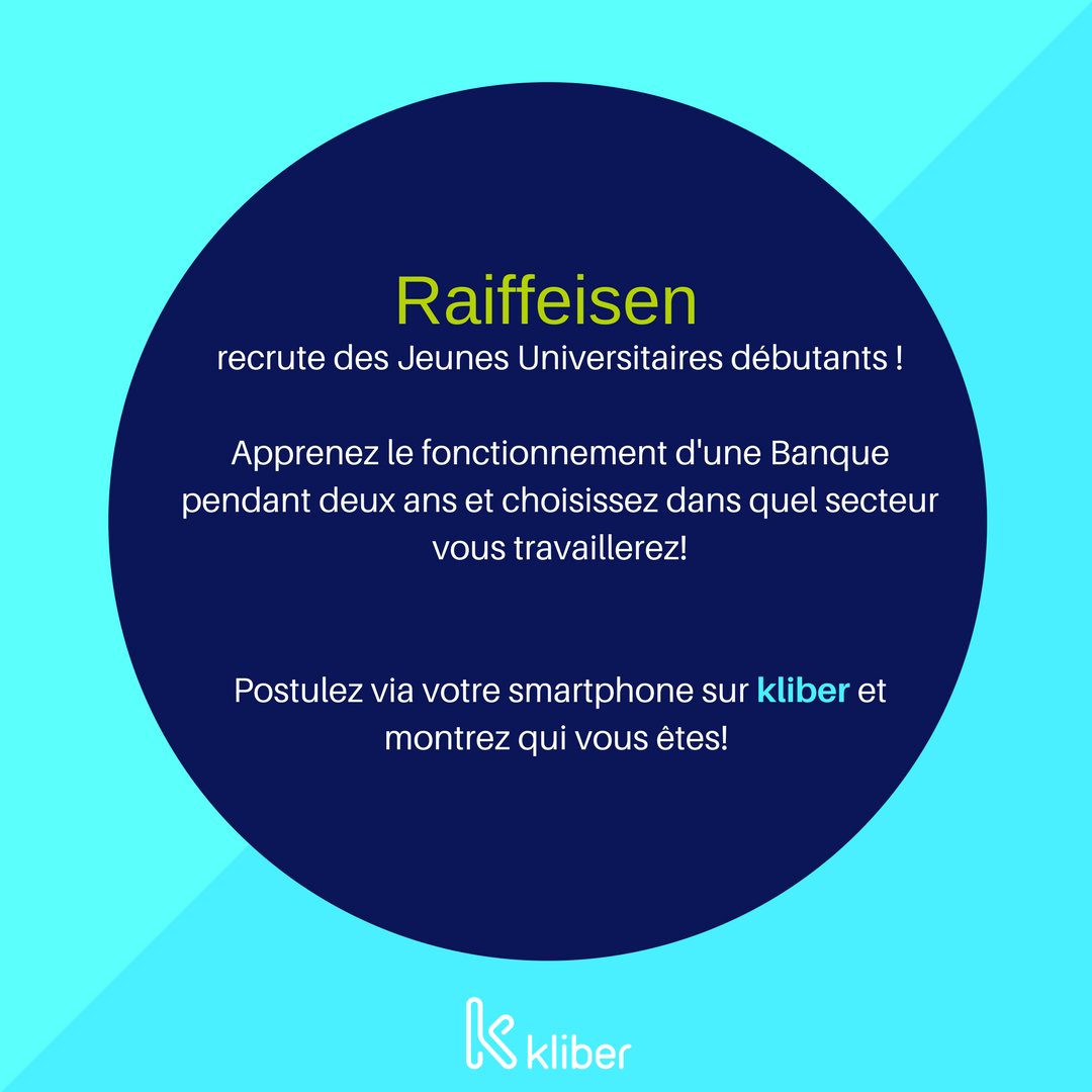 kliberapp's tweet photo. Raiffeisen recrute des Jeunes Universitaires débutants. Postulez via kliber https://t.co/Ucik1e0OCc #i4emploi #recrute #success #Job https://t.co/hVnHJ8Xfwk