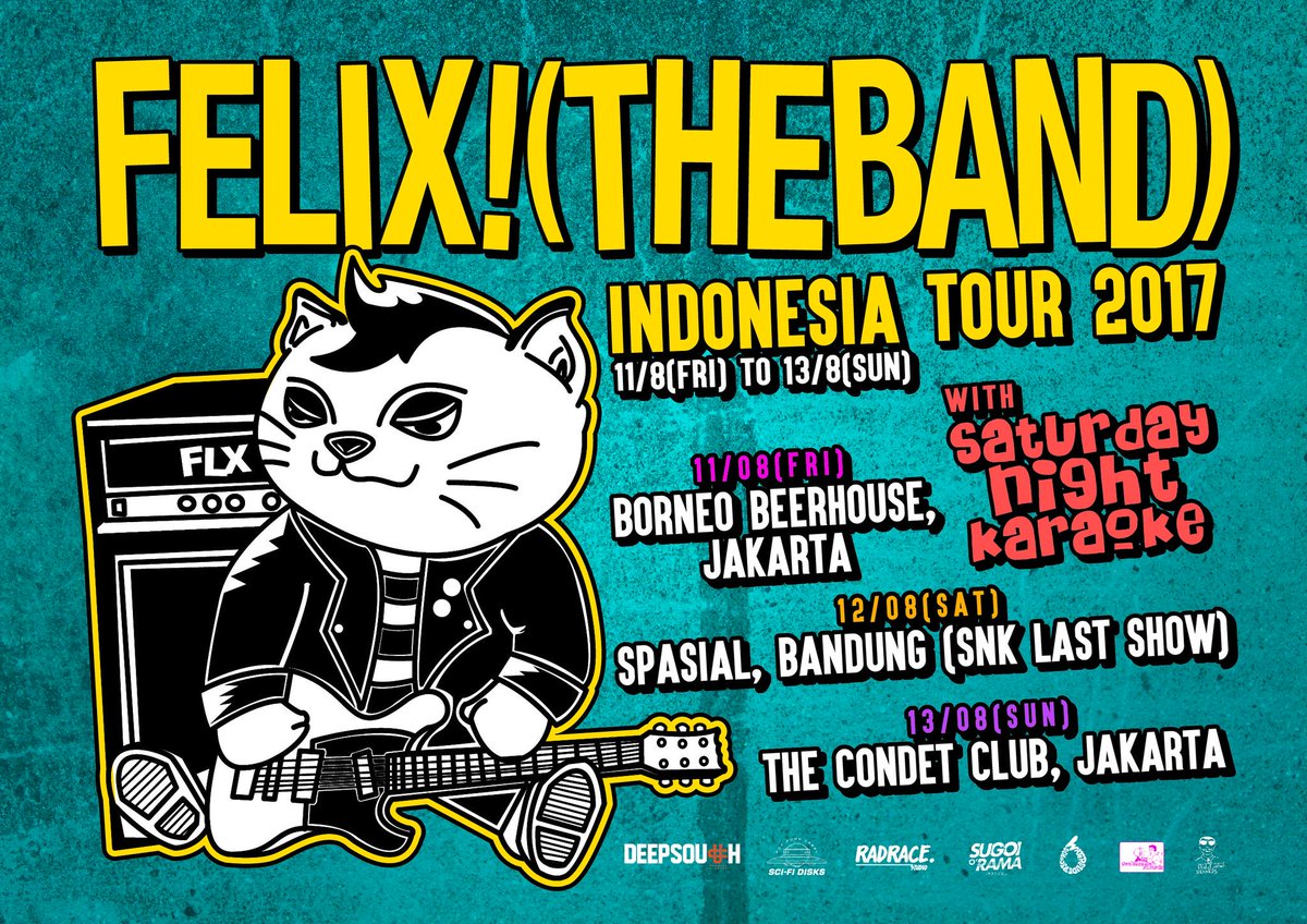 chl0rof0rmm's tweet photo. FELIX! THE BAND Indonesia Tour 2017

11/8* Borneo Beerhouse, JKT
12/8* Spasial, BDG (SNK last show)
13/8 Condet Club, JKT 

よろしく! https://t.co/NlggmvRsxW