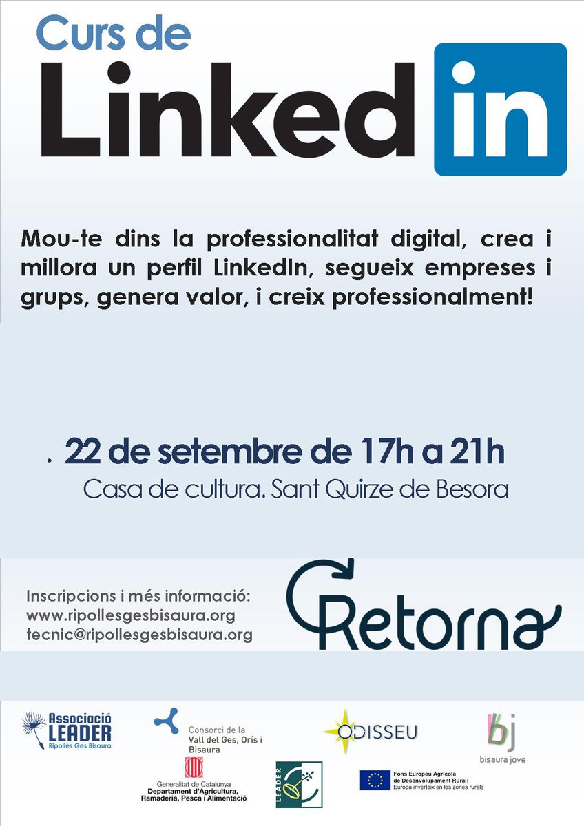 BisauraJove's tweet photo. Curs Linkedin! aprendràs a millorar el teu perfil personal a Linkedin per generar oportunitat de negoci i ampliar els teus contactes. https://t.co/RkJ1Le1bRG