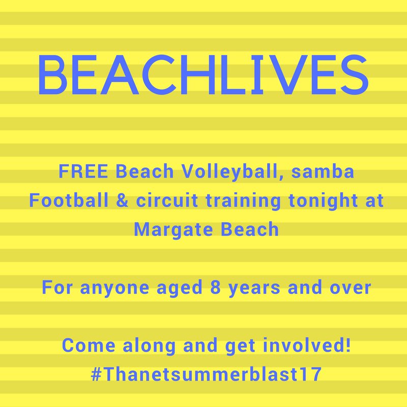 TDCActiveThanet's tweet photo. Tonight from 5.30-6.30pm we launch #BeachLives #Thanetsummerblast17 #holidays #Free #healthylives #coastalsport #NRG https://t.co/nEPFQcYqrS