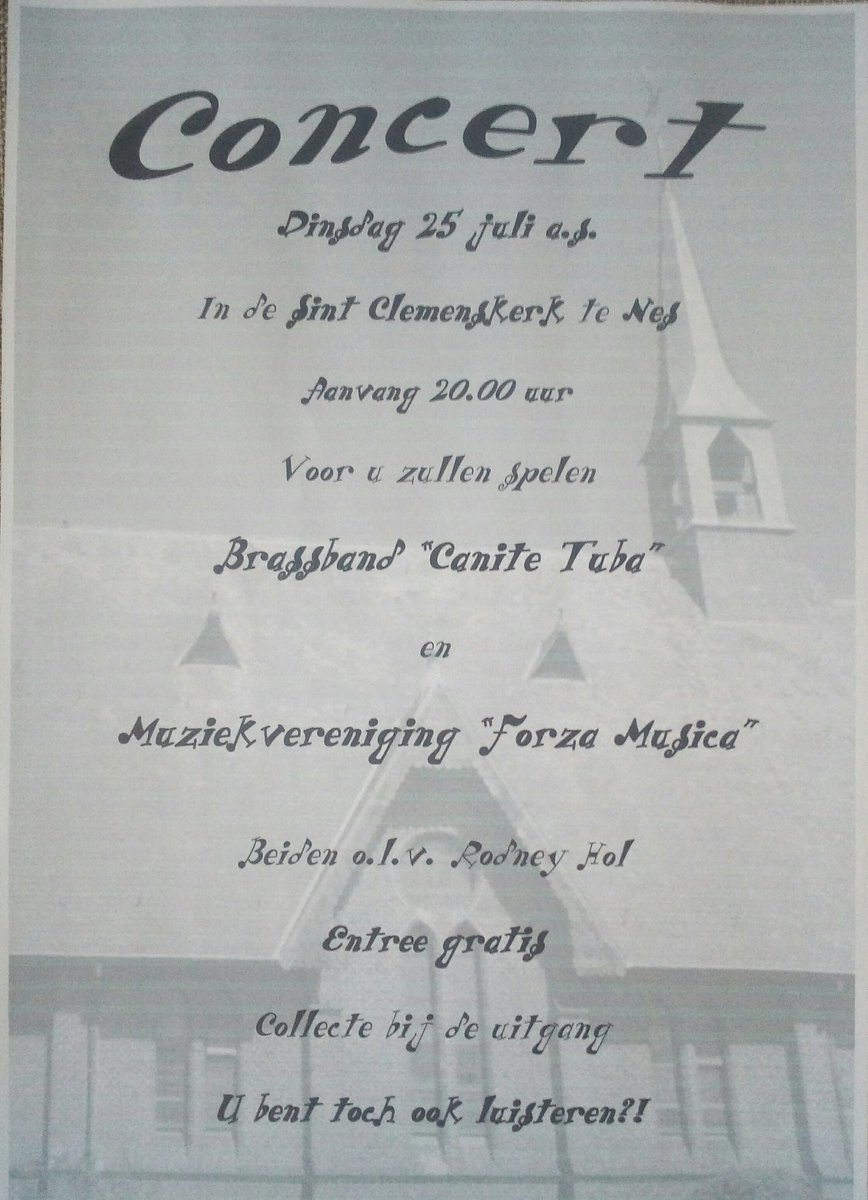 forza_musica's tweet image. Vanavond om 20.00 uur ons tweede zomerconcert. Dit keer met @CaniteTuba in de St. Clemenskerk in Nes.