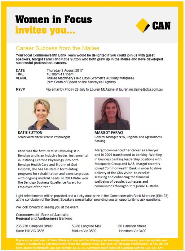 Great to see @CBAWomenInFocus hosting a #womeninag event at the #Speed Mallee Machinery Field Days next week! #farming #agriculture #vffyaps