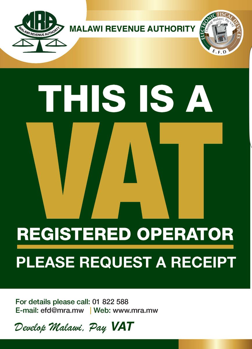 MRA_Malawi's tweet photo. VAT is due today. Remember to always ask for your receipt. #developmalawi #paytaxes #Malawi https://t.co/o1hLVlELHX
