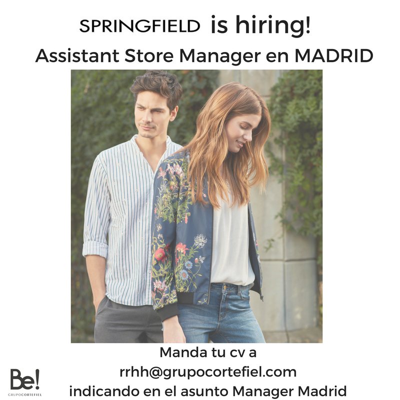 grupocortefiel's tweet photo. SPRINGFIELD is hiring! Si lo tuyo es la gestión de tienda, envía tu cv a rrhh@grupocortefiel.com indicando en el asunto: MANAGER MADRID https://t.co/cfm1PoNuss