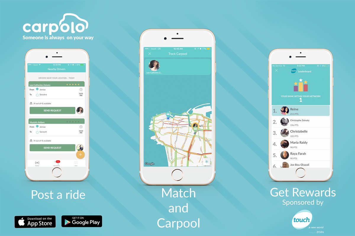 Carpolo is now available on the Apple and Google play store! <a href="/touchLebanon/">touch</a> Download: goo.gl/Tgce5a 
#Carpolo #lesscars_morepeople