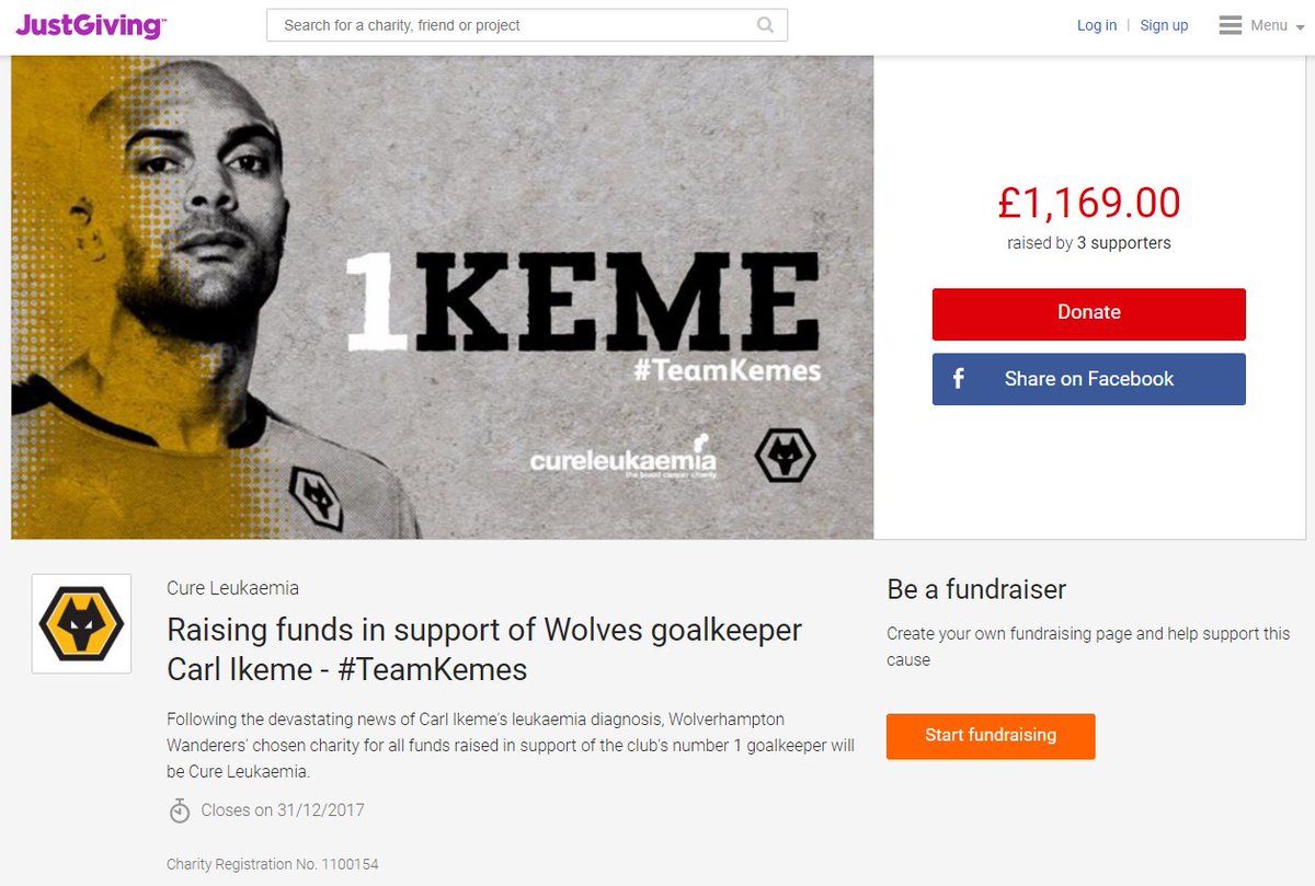 CureLeukaemia's tweet photo. The official fundraising page in support of @Wolves number one @Carl_Ikeme is now live. ⚽️ #TeamKemes #wwfc https://t.co/CuwRMjHstt https://t.co/3RngnbHJF8