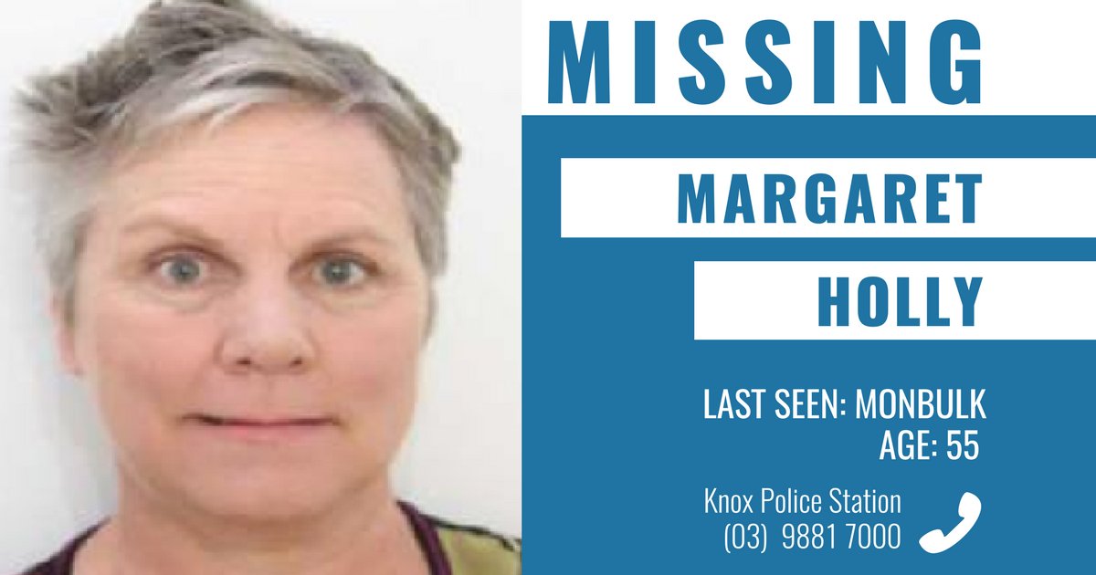 VictoriaPolice's tweet photo. Please retweet to find Margaret Holly. 
SES, Dog Squad, and Search &amp; Rescue crews are assisting police with search → https://t.co/gM03uiyjw5 https://t.co/TajEZk1TQj