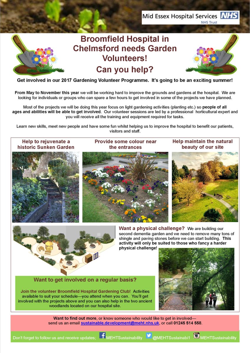 ActiveEssex's tweet photo. Volunteer Opportunity | @broomfieldnhs needs #volunteers to help in their garden. See below for more details @MEHTSustainabi1 #StepIn2Summer https://t.co/wT06g06UUb