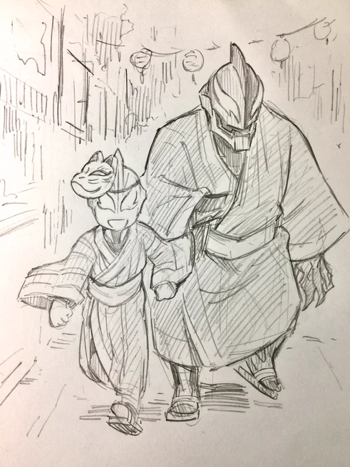 ありえない光景だけどお祭りに参加するベリアル親子を描いた 