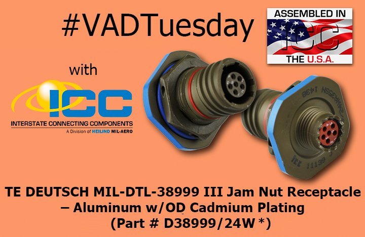 connecticc's tweet photo. Get value-added assembly on @TEConnectivity DEUTSCH D38999 connectors! Featured: Jam Nut Receptacle - Alum. w/OD Cadmium Plating #VADTuesday https://t.co/GWnovYGcAX