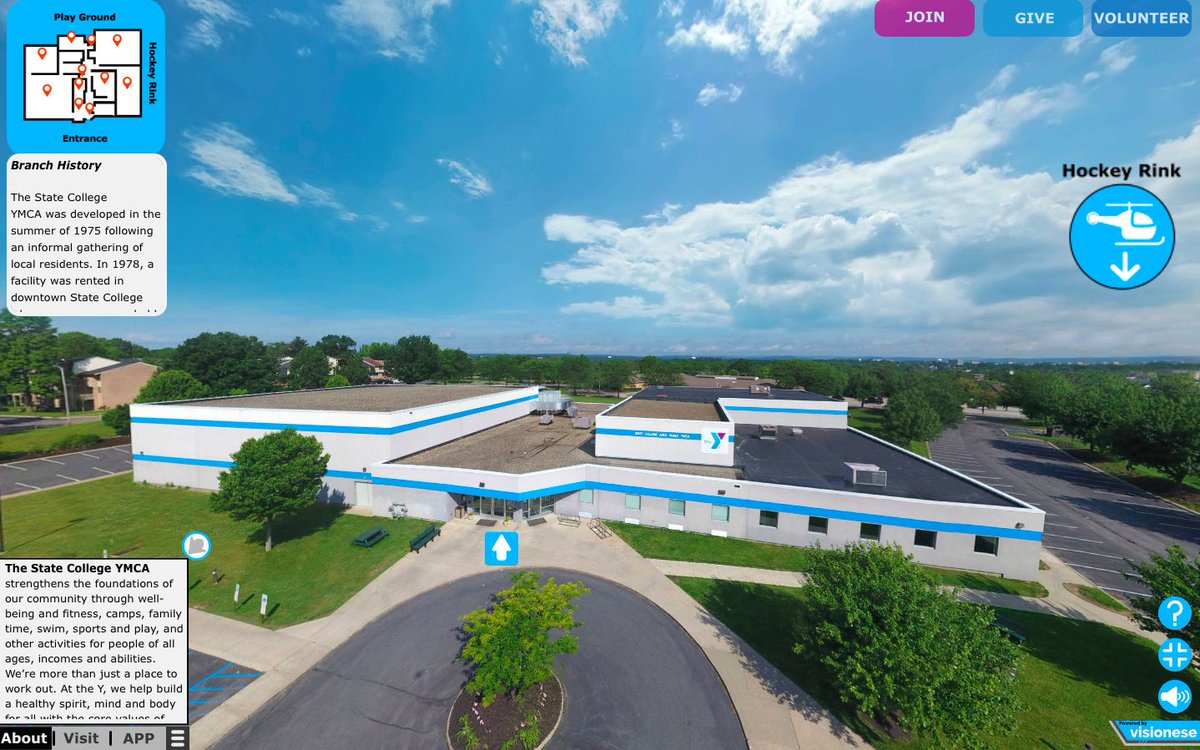 VisioneseLLC's tweet photo. The desktop &amp; tablet version of State College YMCA's virtual tour is finally up. Go check it out through this link : https://t.co/Yo5OXE9XRz https://t.co/bZyezXhBRb