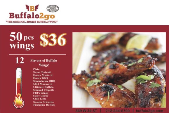 buffalo2go's tweet photo. Treat your team! 50 pcs wings $36👅🍗#wings #chickenwings #lunchtime #lunchnyc https://t.co/Trg9ZdYLra