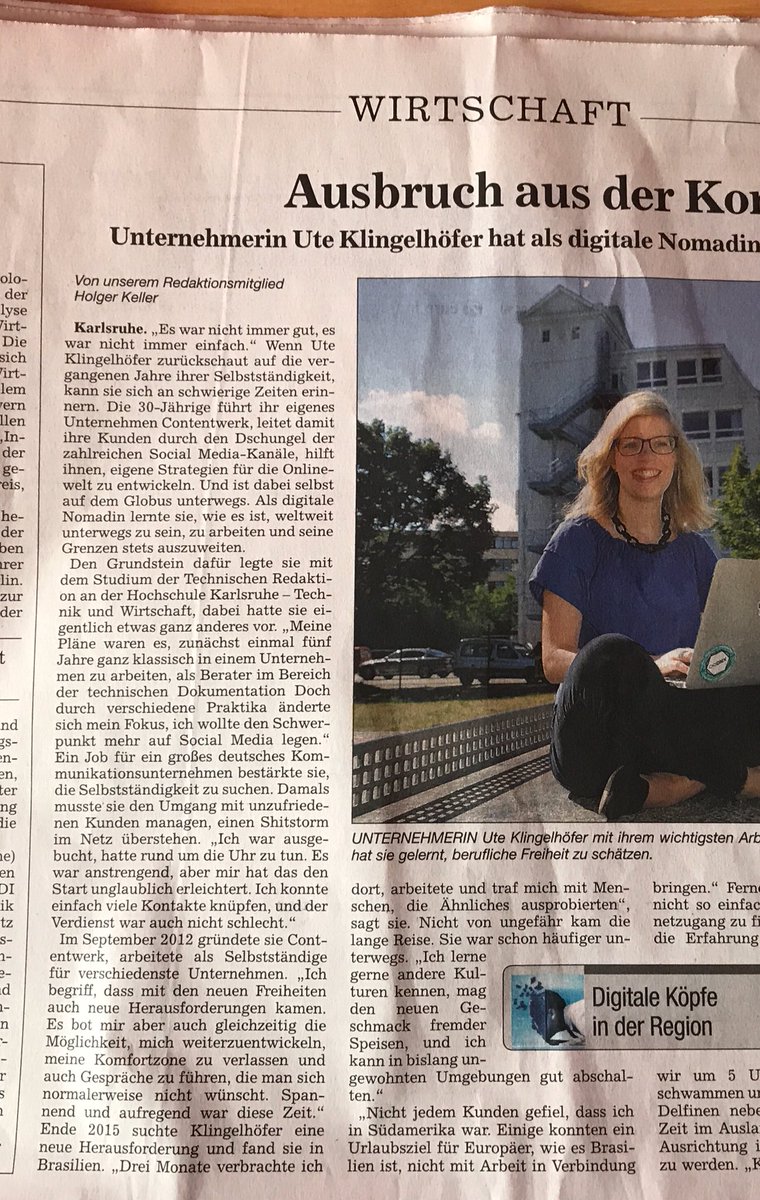 Heute bin ich auf Seite 7 in der Tageszeitung der @BNN_BaNeuNa oder online unter: https://bnn.de/nachrichten/wirtschaft/digitale-koepfe/ausbruch-aus-der-komfortzone …