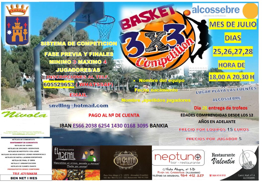 alcossebre_tur's tweet photo. 3x3 #BasketCompetition en #Alcossebre. Desde hoy hasta el 28 de julio #AlcalàAlcossebreDeportes https://t.co/dh8yBPegTb