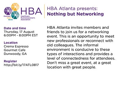 HBAatl's tweet photo. Join us on Aug 17 for Nothing but Networking. Network, make new friends, and learn about @HBAatl. #HBAimpact https://t.co/Du7zQANdGv https://t.co/7c7d9PenC3