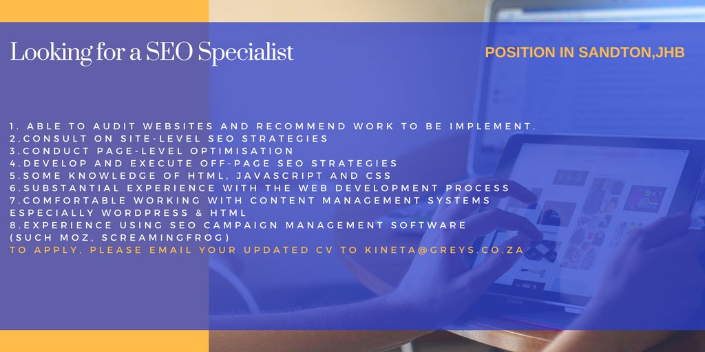 MeasuredAbility's tweet photo. 💠💠 WE ARE LOOKING FOR AN #SEO SPECIALIST 💠💠
If you meet all the requirements, please email the consultant on the advert. 
#JobSeekersSA #job https://t.co/ur4zbU7xt0