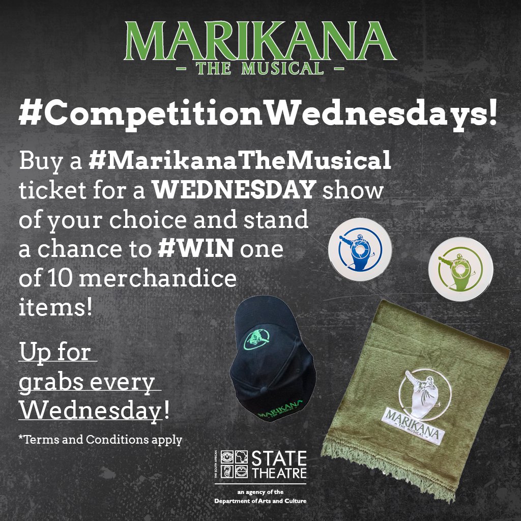 sastatetheatre's tweet photo. #CompetitionWednesdays!
#MarikanaTheMusical Wednesday ticket = You could #WIN 1 of 10 merchandise items!
Up for grabs every Wednesday! https://t.co/7kkfvhF5uR