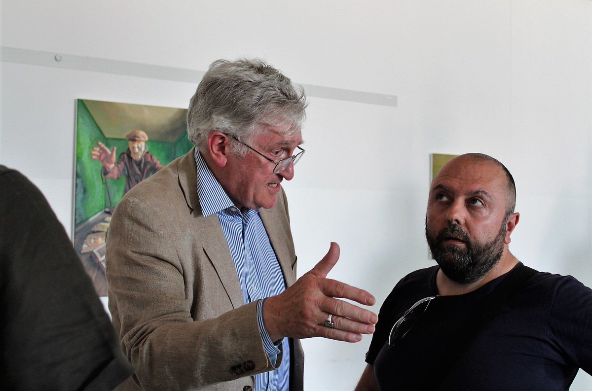 2017Flann's tweet photo. Pictures of the opening of David O'Kane & Edward O'Kane's AMAZING Flann O'Brien themed art exhibition "The Shadow on the Wall" at #Flann2017 https://t.co/9g3PlTQSGu