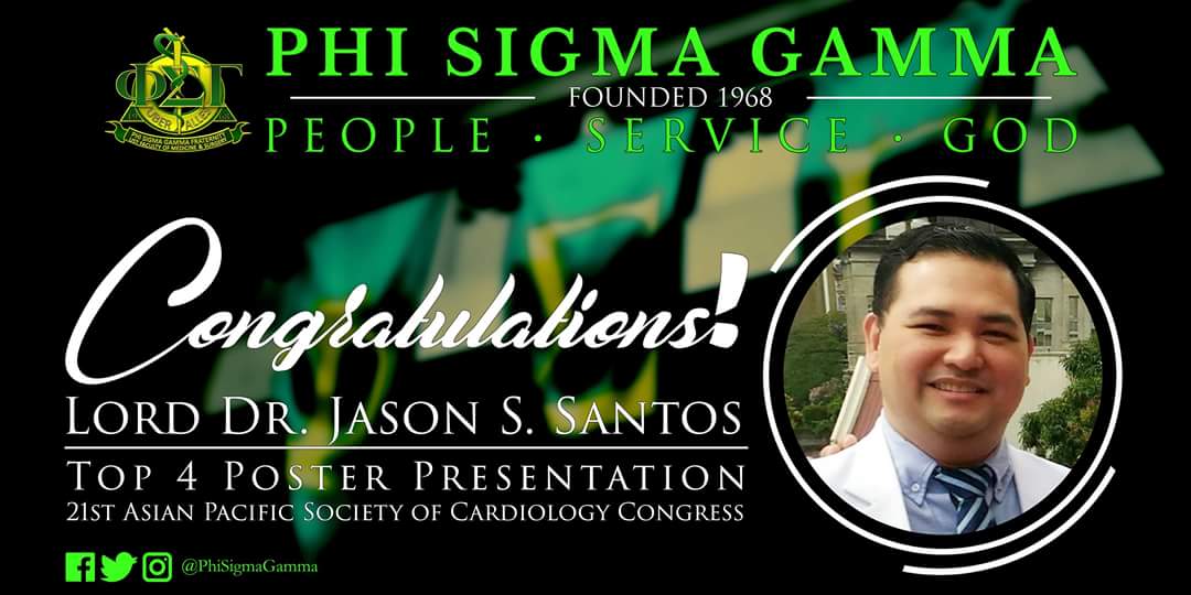 PhiSigmaGamma's tweet photo. Congratulations to Lord Dr. Jason Santos for winning in the 21st Asian Pacific Society of Cardiology (APSC) Congress

Uber Alles! Hail PSG!! https://t.co/B6MafYuRF2