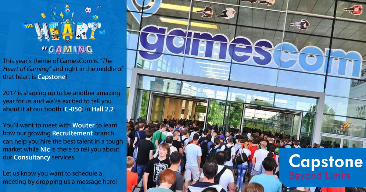 CapstoneBL's tweet image. Meet us at our booth at Gamescom 2017! Contact @WouterGoo for your game talent needs and @NicvantSchip about publishing and investments