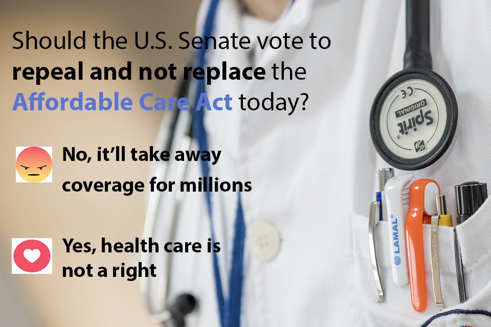 PaSenateDems's tweet photo. Should the U.S. Senate vote to repeal and not replace the Affordable Care Act today? Vote: https://t.co/WGrIDr7tau #PASpeaksOut #healthcare https://t.co/LLAKfzUYIQ