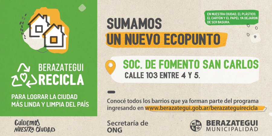 MuniBerazategui's tweet photo. El programa #BerazateguiRecicla suma un nuevo #EcoPunto en la Sociedad de Fomento de B° #SanCarlos. [+info] https://t.co/UCQfwdKMCa https://t.co/tRnDPyFF6W