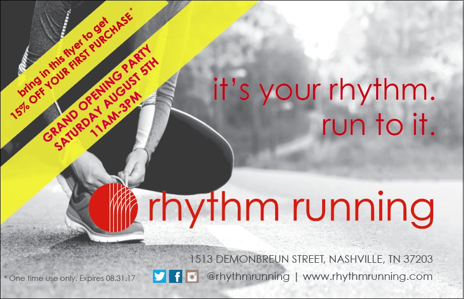 rhythmrunnash's tweet photo. Grand Opening Party! Saturday, August 5th from 11am-3pm! #whatdoyourunfor #runnashville #running #visitmusiccity #irunnashville #nashville https://t.co/8bUSgiKHUp