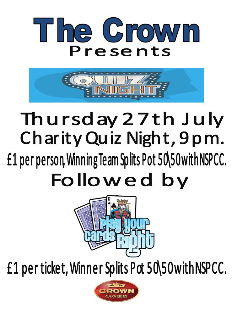 CrownAldridge's tweet photo. This Thursday @CrownAldridge Charity Quiz Night, Followed by Play Your Cards Right. All Money Raised For The NSPCC 😊 https://t.co/RLDRODOOwm