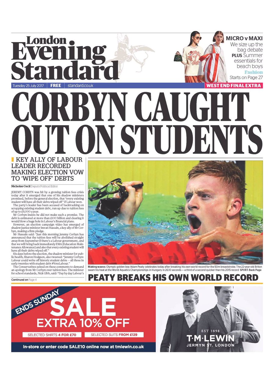 CCHQPress's tweet photo. Today's @EveningStandard pointing out that yet another @UKLabour MP who has betrayed young voters on student debt. Will they apologise? https://t.co/FCanDzvbY9