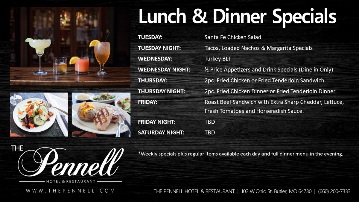 Thepennell's tweet photo. We've got some great food planned for this week and sure hope you can stop in!
#ThePennell #TheBestFoodInButler #Harrisonville #Raymore https://t.co/jZLTvgGmuZ