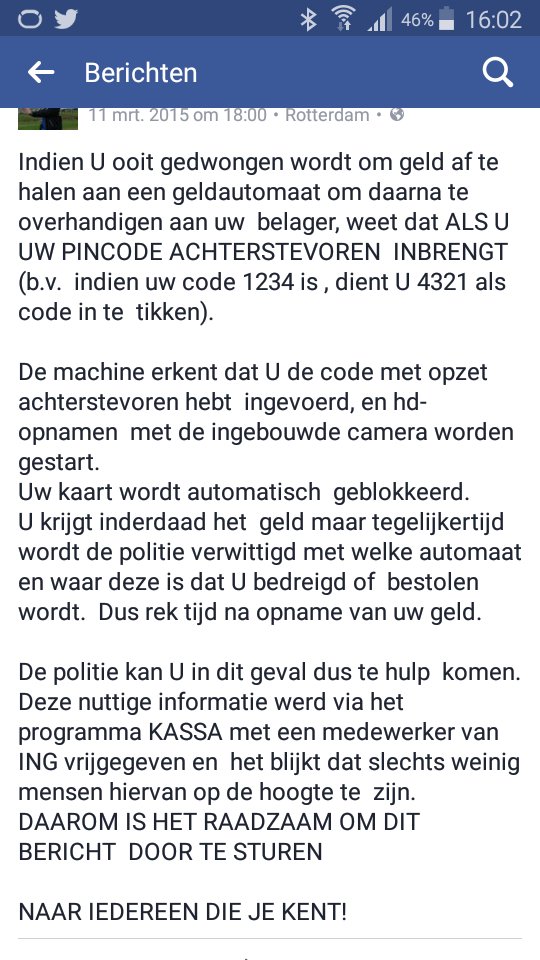JanAikeStr's tweet image. #politie ik heb een vraag. Ik kreeg via Facebook het volgende bericht. Is dit waar of weer een facebook fabel. Groet, Jan Aike Strockmeijer