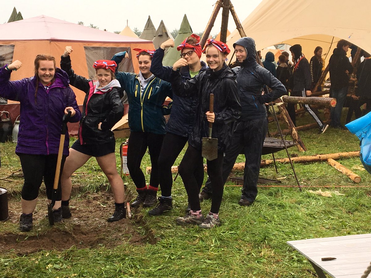 Denmark2017's tweet photo. Having a ball so far in the rain! A fantastic danish open ceremony followed by various pioneering activities..in the rain! @GirlguidingMids https://t.co/wZS0LOxXFa