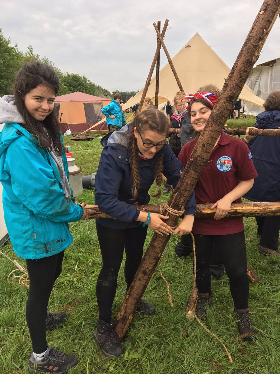 Denmark2017's tweet photo. Having a ball so far in the rain! A fantastic danish open ceremony followed by various pioneering activities..in the rain! @GirlguidingMids https://t.co/wZS0LOxXFa